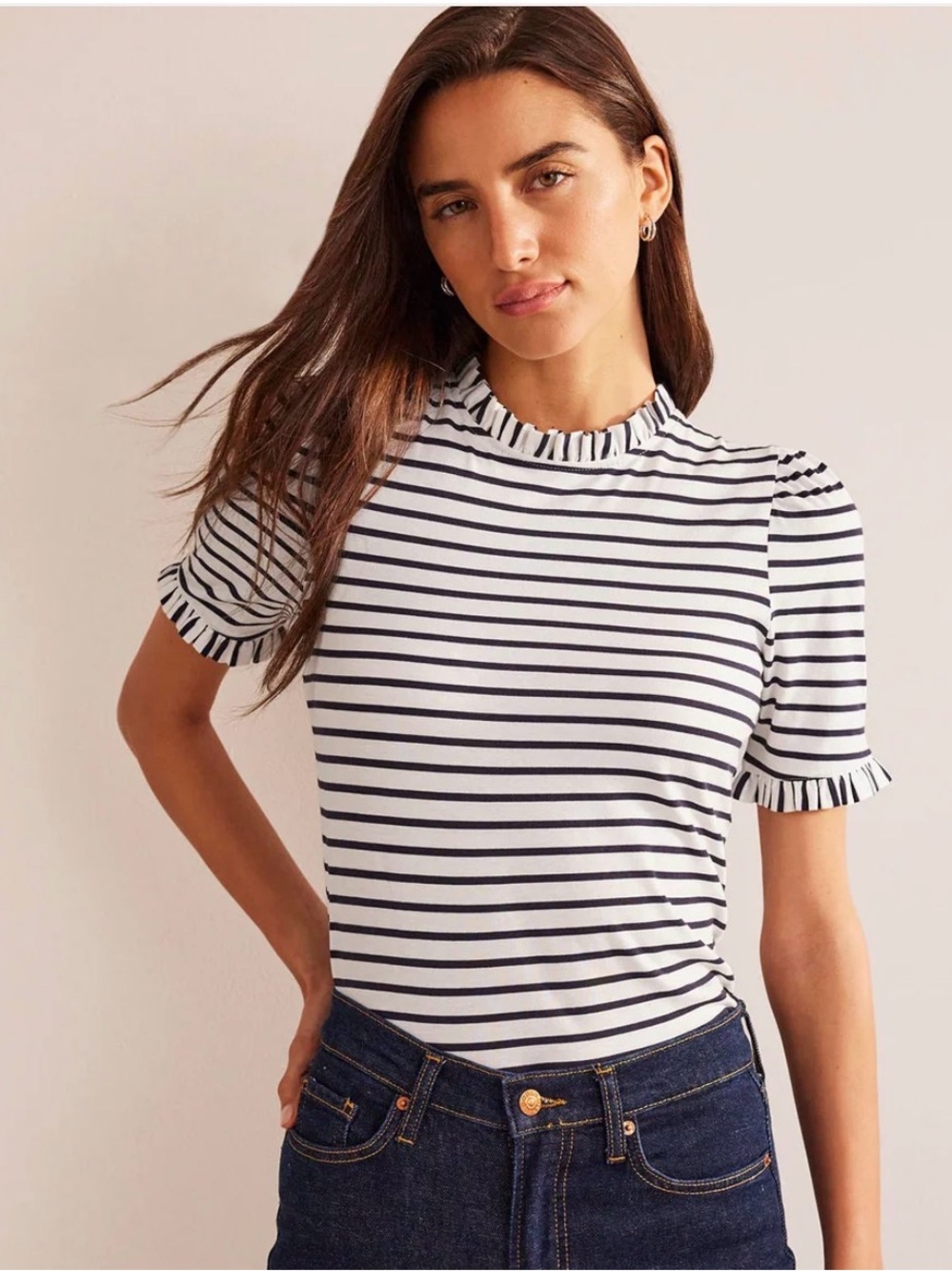 Boden Super Soft Navy White Stripe Ruffle Puff Sleeve Top 0 Preppy Coastal